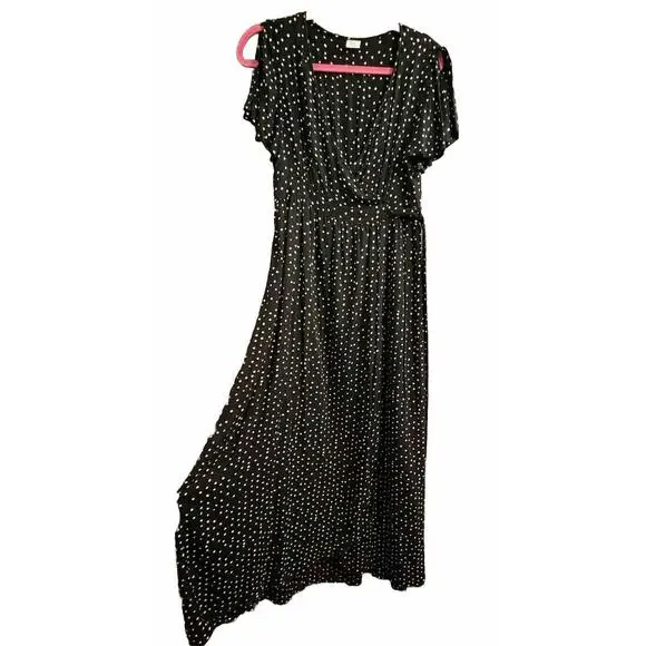 Patrons Of Peace Dress Large Faux Wrap Hi Lo Black Polka Dot Surplice Tie Back - Picture 2 of 9